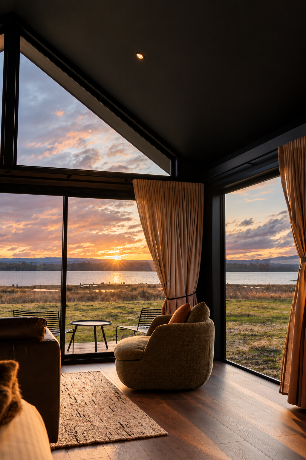Interior view of a living room with large floor-to-ceiling windows showing a scenic sunset over a lake, with curtains drawn back, a cozy armchair and a small rug on wooden flooring.