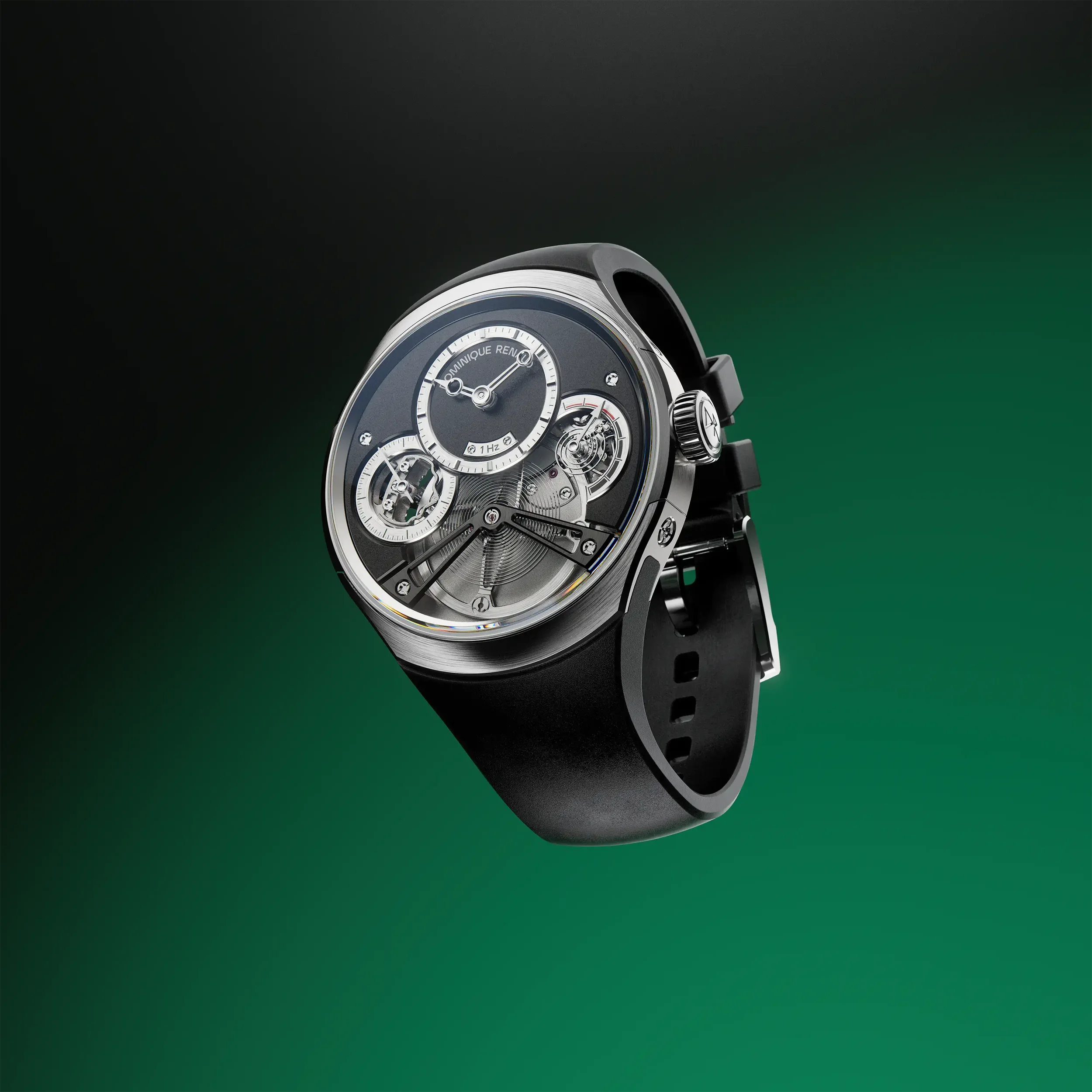Montre de luxe avec un cadran complexe, détails en métal, fond vert