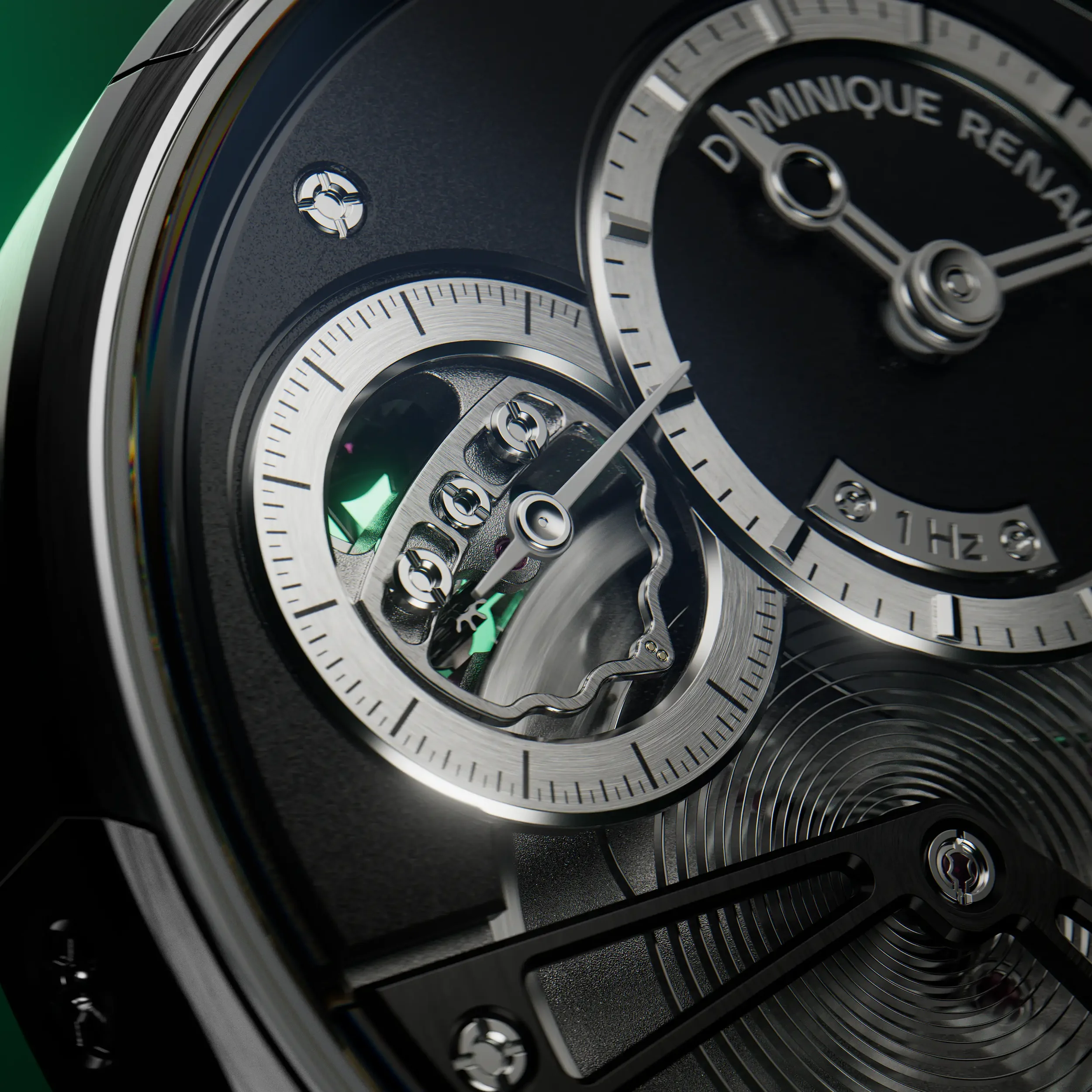 Gros plan d'une montre mécanique avec cadran argenté et chiffres romains, montre de luxe avec détails visibles de ses engrenages et mécanismes internes.