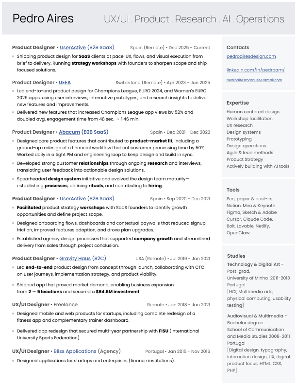 A resume of Pedro Aires showcasing expertise in UX/UI design, product design, research, and AI operations with experience at UserActive, UEFA, Abacum, Gravity Haus, Bliss Applications, detailing roles, achievements, education, and contact information.