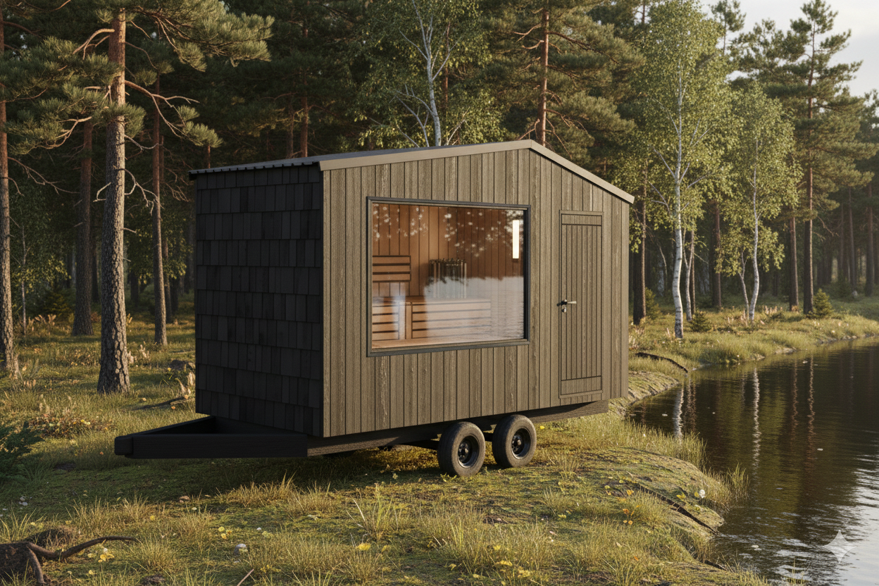A sauna by a lake with large panoramic window and sleek design