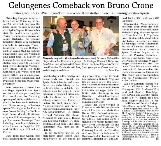 Spitzen-Golf im GC- CHIEMING 2021 - Wieninger Turnier und Preis des Vorstands 