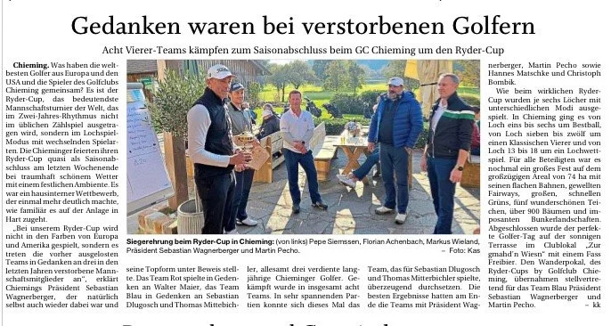Acht Vierer-Teams kämpfen zum Saisonabschluss beim GC Chieming um den Ryder-Cup