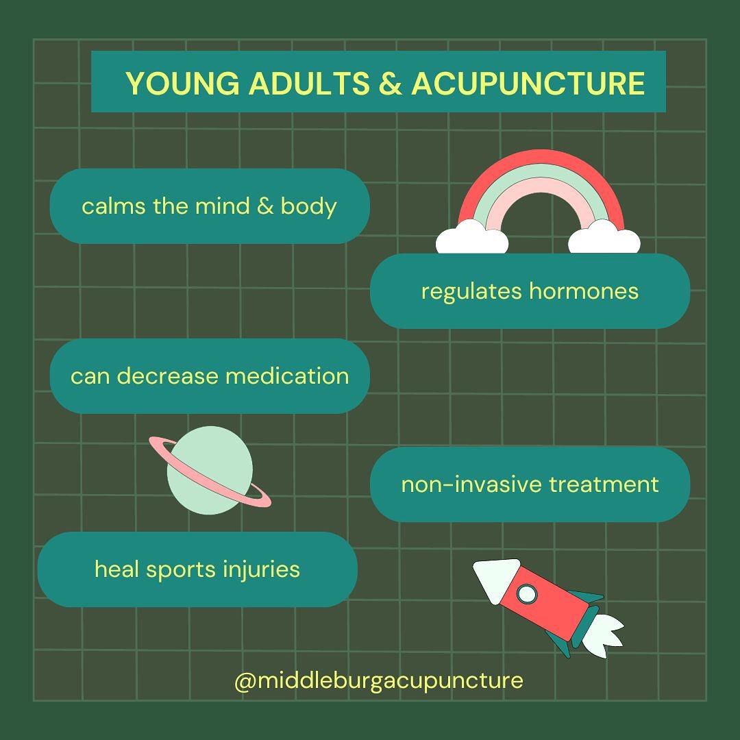 Teens and young adults undergo various changes as their bodies and minds develop. Acupuncture is a great way to regulate those changes and bring balance through non-invasive treatment 🌻

Troubles with hormones, anxiety, depression, or sports-related