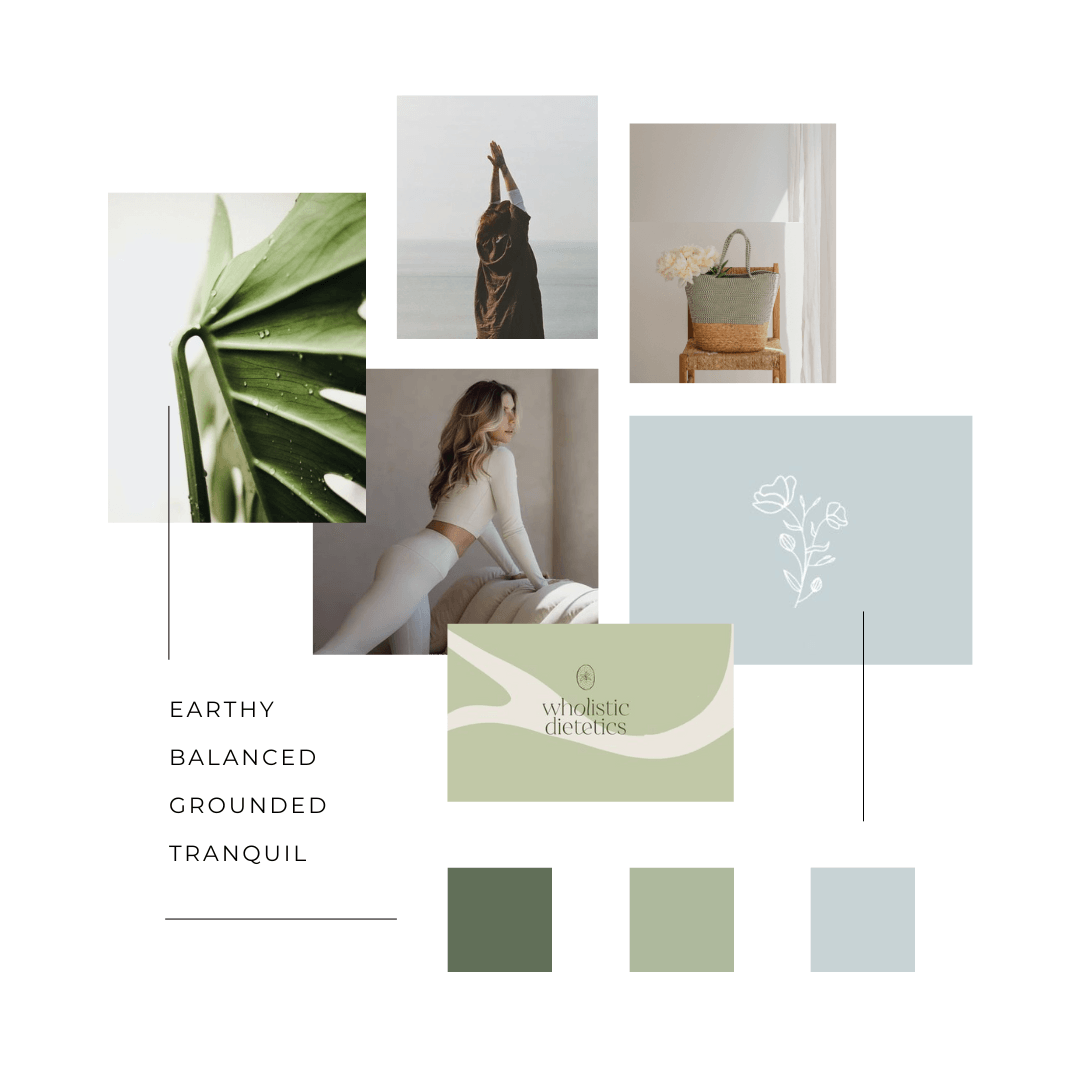 A collage of aesthetic images including a close-up of a green leaf with water droplets, a woman with wavy hair in white form-fitting clothing leaning on a bed, a person with arms raised at the beach, a woven bag with white flowers, and a minimalist illustration of a flower. The collage features soft earthy tones of green, beige, and blue, with words 'earthy,' 'balanced,' 'grounded,' and 'tranquil,' along with a logo for 'wholistic dietetics'.