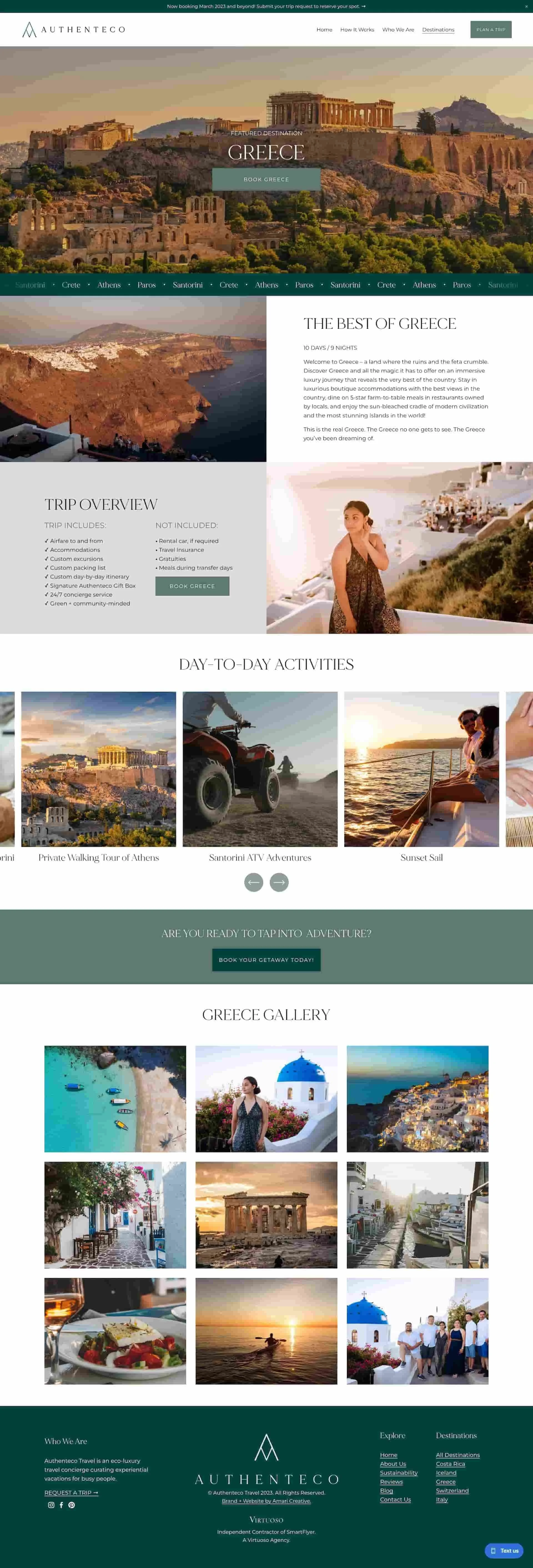 Travel website page for Greece with scenic photos, daily activities, and trip details on a modern, green-themed layout.
