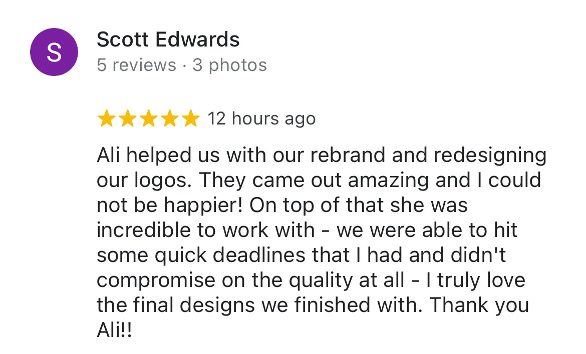 A Google review by Scott Edwards giving five stars. Praises Ali for rebranding and logo redesign, highlighting quick deadlines and high quality results.