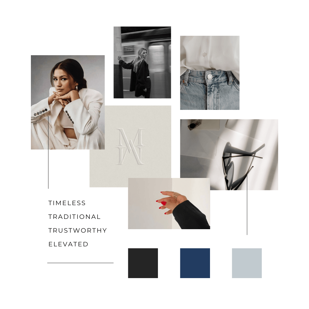 Collage of fashion and style images including a woman with her hand near her face, a woman waving at a train station, close-up of jeans and a white shirt, sunglasses on a white surface, and painted nails. Words on the collage include "TIMELESS," "TRADITIONAL," "TRUSTWORTHY," and "ELEVATED," accompanied by black, navy, and gray color blocks.