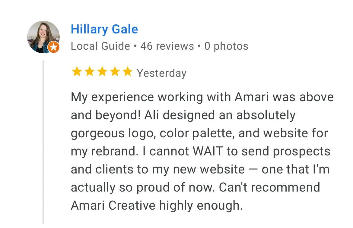 A positive 5-star review from a user named Hillary Gale for Amari Creative, praising the design of a logo, color palette, and website.