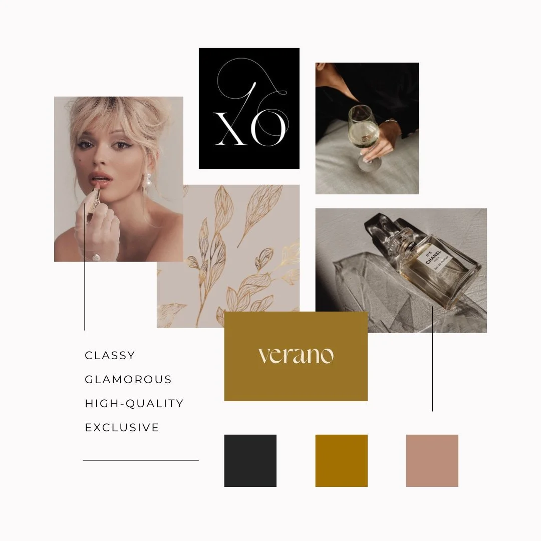 A collage featuring a woman applying lipstick, a glass of white wine, a Chanel perfume bottle, and various design elements with the words "verano" and phrases describing elegance and luxury.