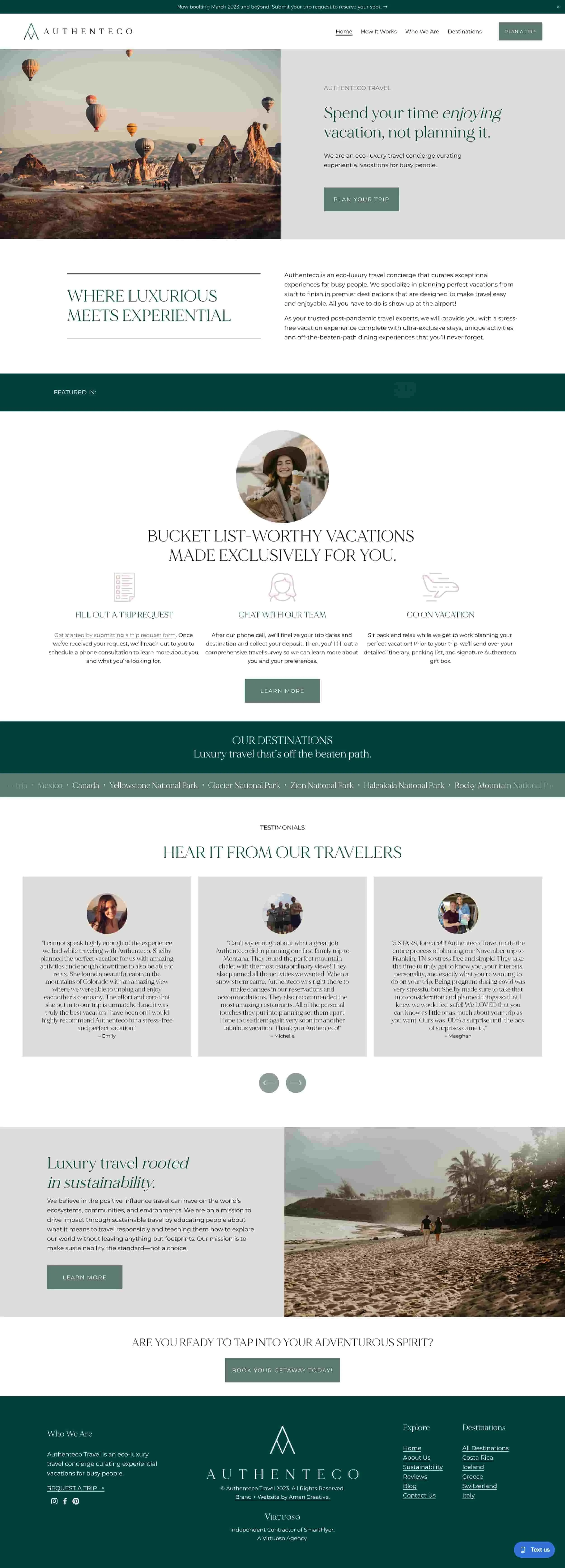 People on a safari in a jeep watch elephants; website text promotes luxury, curated vacations and customer testimonials.
