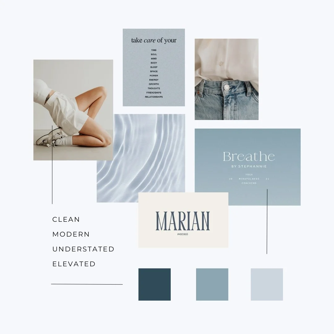 Mood board with neutral tones, minimal text, fabric textures, and fashion elements; words: clean, modern, understated, elevated.