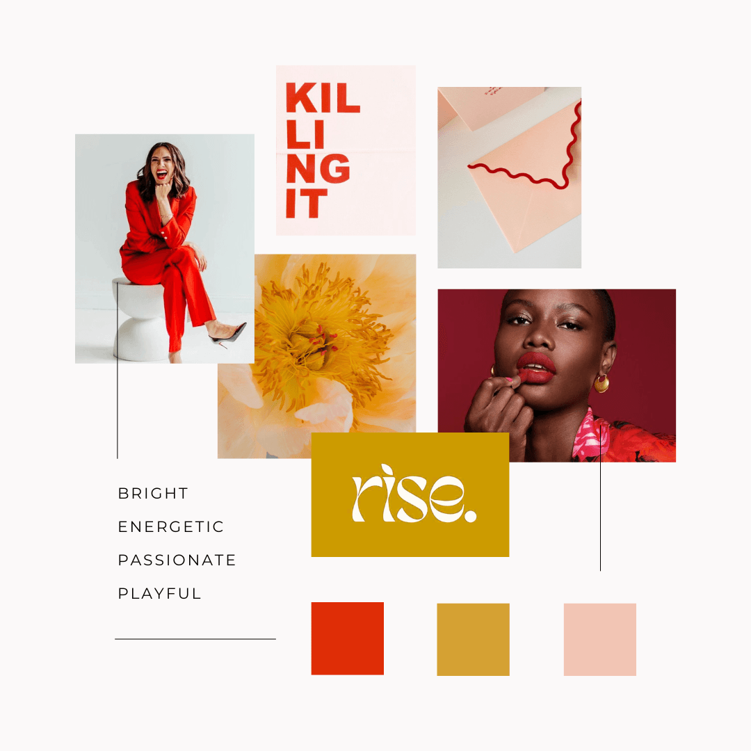 A collage featuring images of women in red outfits, a yellow flower, textual words 'KILLING IT' and 'rise.' in bold fonts, and color swatches in red, yellow, and pink, conveying themes of confidence and vibrancy.
