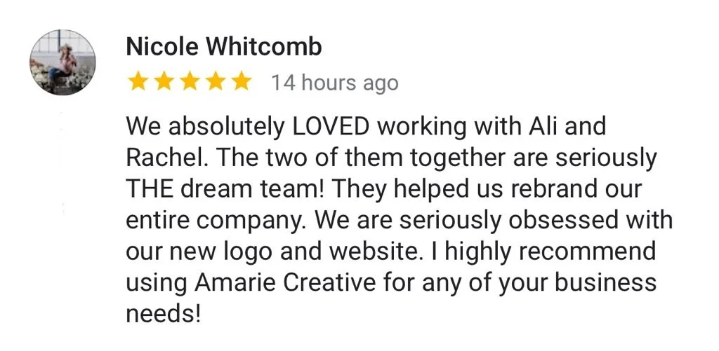 Five-star review from Nicole Whitcomb praising Ali and Rachel for rebranding services and recommending Amarie Creative.
