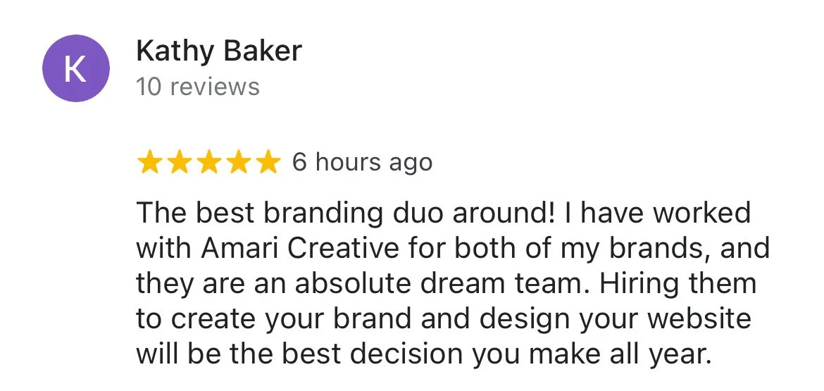 Customer review by "Kathy Baker" with a five-star rating praising Amari Creative for branding and web design services, calling them a dream team.