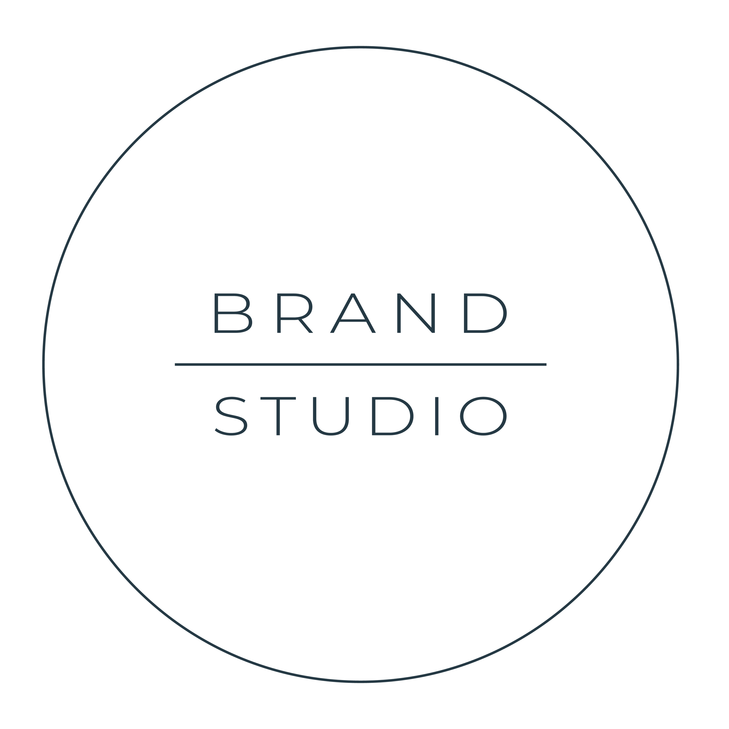 A circular logo with the words 'BRAND' and 'STUDIO' inside, featuring a minimalist design with black text and outline on a white background.