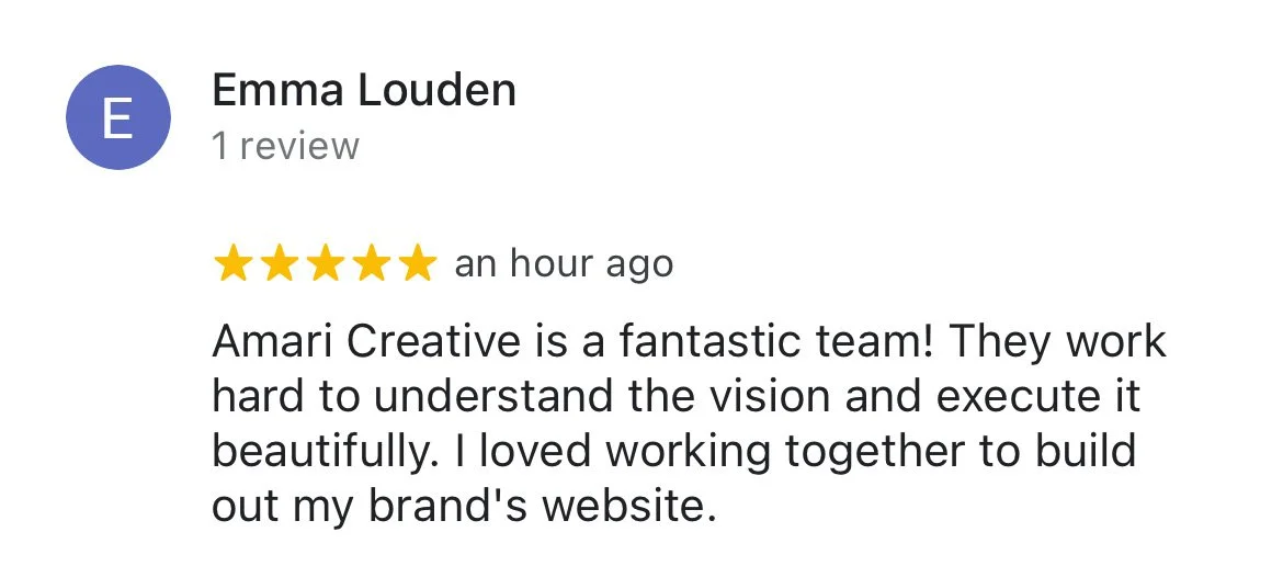 Screenshot of a 5-star review by Emma Louden praising Amari Creative for their teamwork and website development.