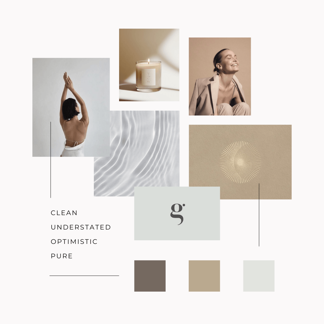 Collage featuring a woman with short dark hair posing with her back turned, a lit candle, a smiling woman with her hair tied back, a water ripple pattern, a sunburst illustration, and color swatches in neutral tones. Words include 'CLEAN,' 'UNDISTATED,' 'OPTIMISTIC,' and 'PURE'.