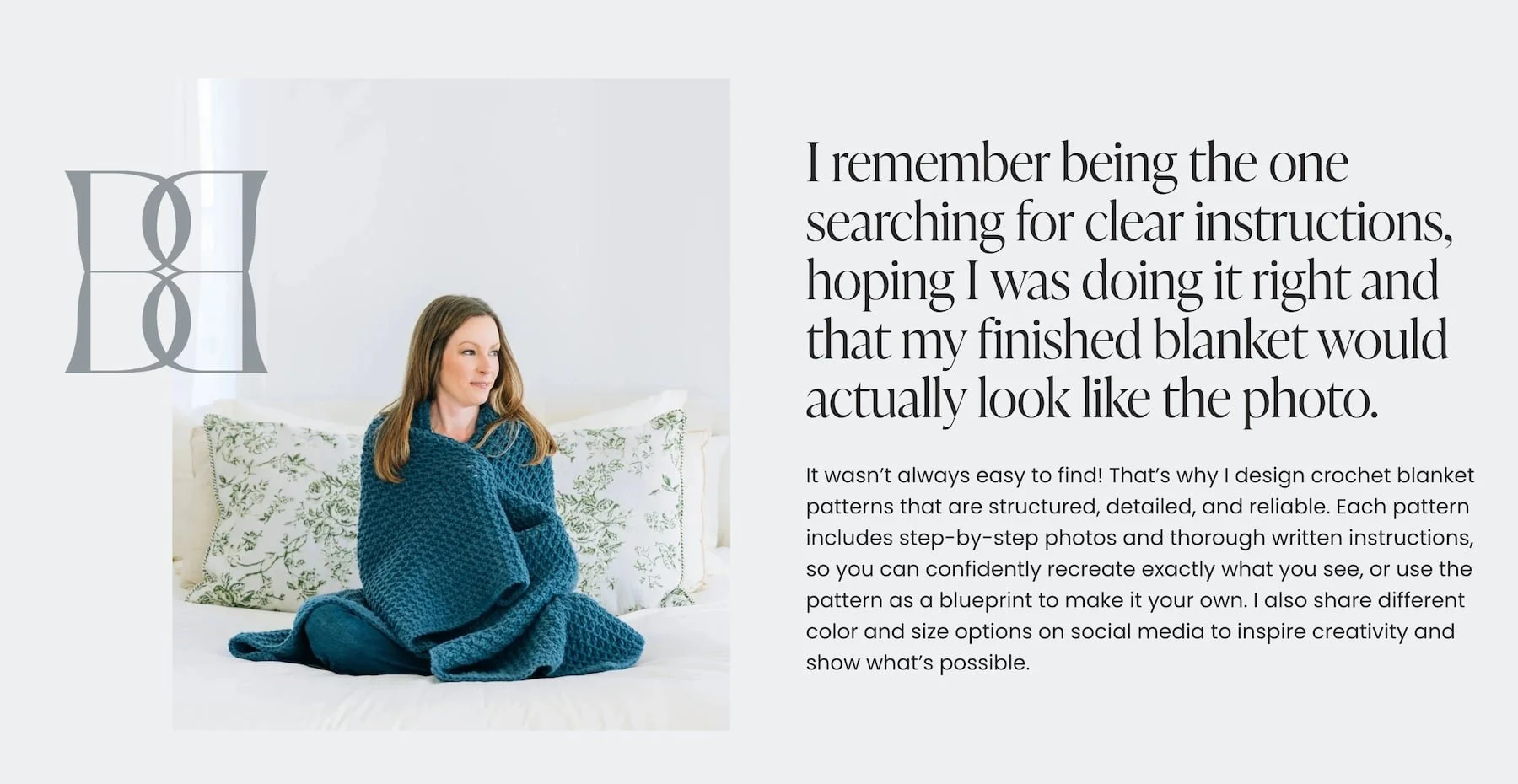 Woman sits on a bed with a chunky blue crochet blanket, text beside her about clear crochet instructions.