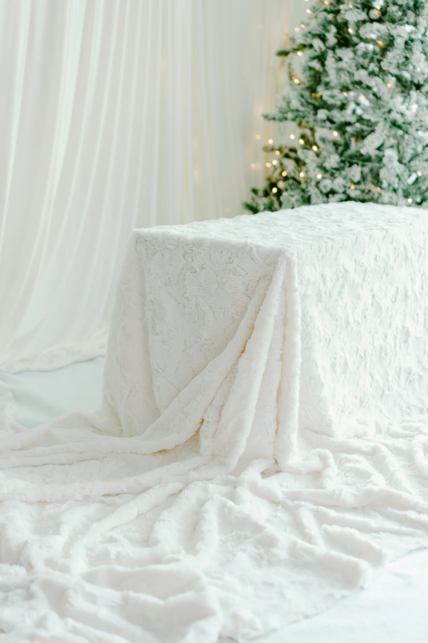Close view of the white faux fur draped over the bench on the Winter White holiday photo set at Alight Collaborative in North Austin