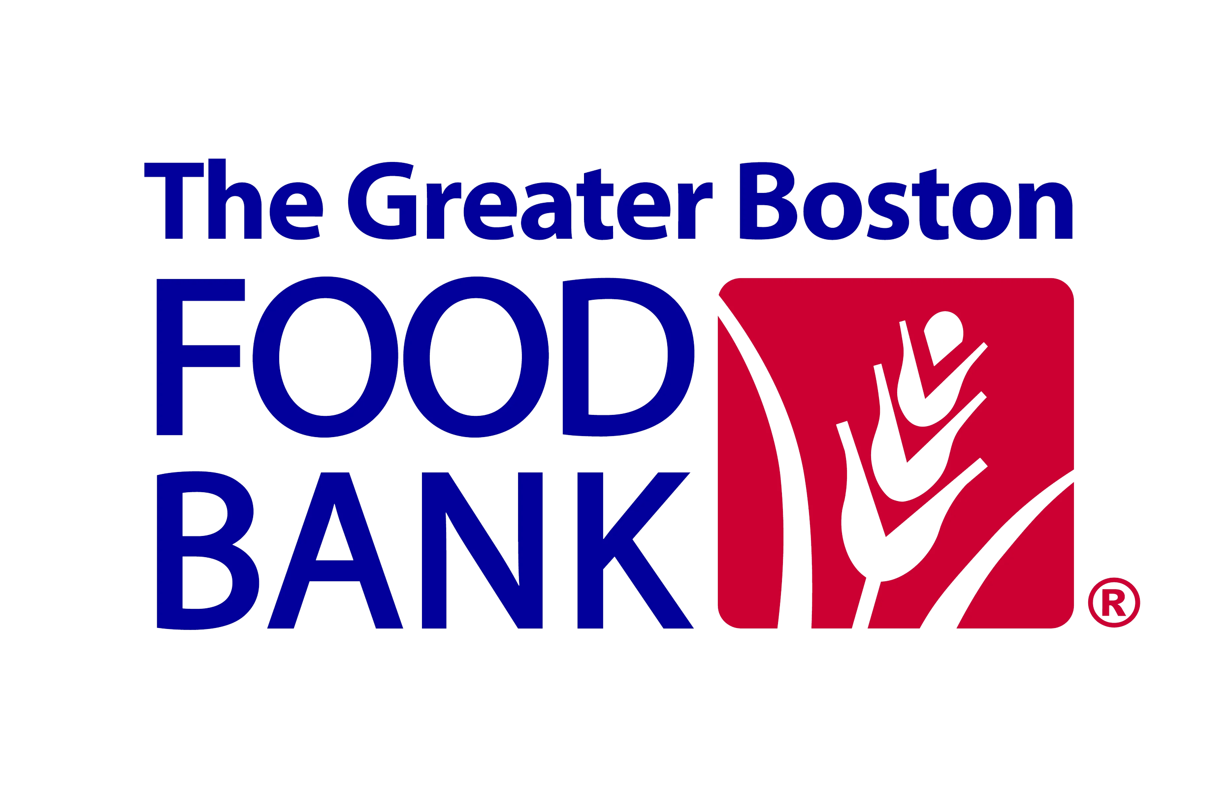 Logo for The Greater Boston Food Bank featuring a stylized hand holding a wheat stalk inside a red square