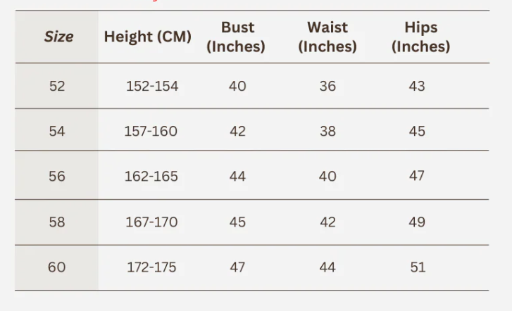 Table showing clothing size measurements with columns for size, height in centimeters, bust, waist, and hips in inches. Sizes range from 52 to 60.