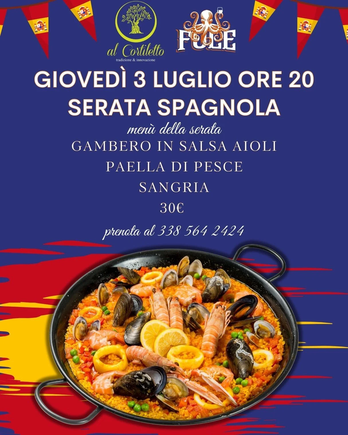 🇪🇸 SERATA SPAGNOLA AL CORTILETTO 🇪🇸
📍 Via Cavour 2 &ndash; Busto Arsizio
📅 Gioved&igrave; 3 luglio &ndash; Ore 20.00

Prepara i sensi per un viaggio nei profumi e nei sapori della Spagna.

✨ Men&ugrave; della serata:
&bull; Gambero in salsa aio