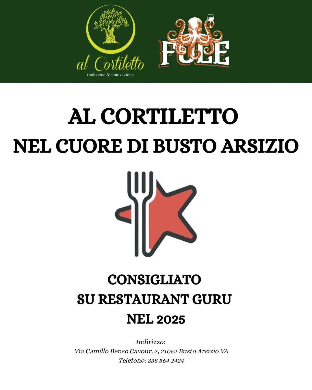 Il Cortiletto &egrave; orgoglioso di essere consigliato da Restaurant Guru! Un riconoscimento che premia la nostra passione per la cucina e l&rsquo;ospitalit&agrave;. Vieni a trovarci e scopri perch&eacute; siamo una scelta consigliata dagli esperti!