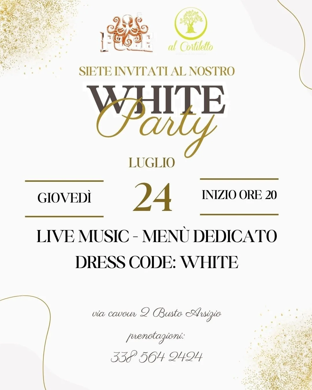 ✨ WHITE PARTY &ndash; Gioved&igrave; 24 Luglio dalle 20.00
Dress code: total white
🎶 Live Music &bull; 🌊 Men&ugrave; dedicato &bull; &euro;38

Un percorso di gusto tra crudo, profumi agrumati e sapori di mare:

🥂 Entr&eacute;e
Crostino con carpacc