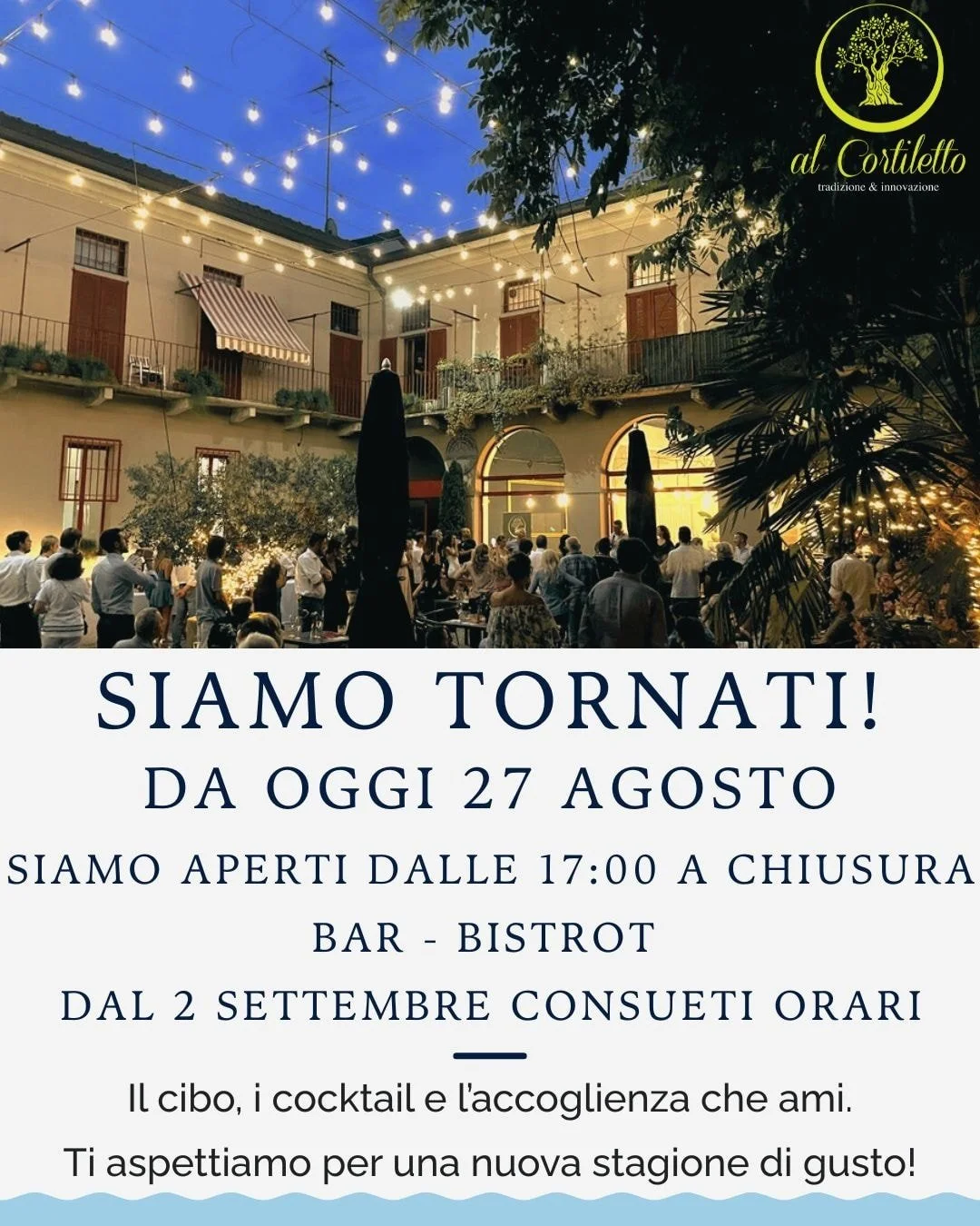 Siamo tornati!

Questa settimana orario serale e dalla prossima consueti orari, vieni a trovarci!

🌟 #CortilettoDiBustoArsizio #PesceFresco #CucinaDiMare #BustoArsizio

📲 Prenotazioni al 338 564 2424
📍 Al Cortiletto &ndash; Tradizione &amp; Innova