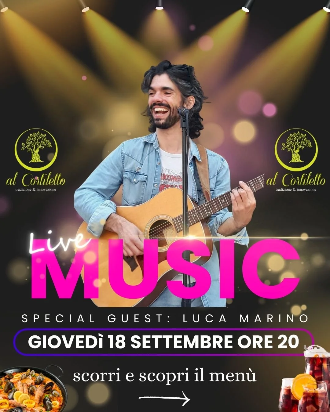 🌙 Gioved&igrave; 18 Settembre &ndash; dalle ore 20
Una serata che profuma di mare, di festa e di musica!

👉 Men&ugrave; speciale
&bull; Paella di pesce
&bull; &frac12; litro di sangria
💶 30&euro;

🎶 A rendere l&rsquo;atmosfera ancora pi&ugrave; s