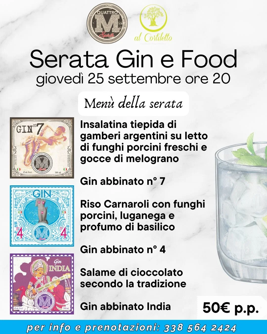 ✨ Gin &amp; Food &ndash; Gioved&igrave; 25 settembre, ore 20.00 ✨
Un viaggio tra gusto e distillati, dove ogni piatto incontra il gin perfetto.

Men&ugrave; della serata:
🥗 Insalatina tiepida di gamberi argentini su letto di funghi porcini freschi e
