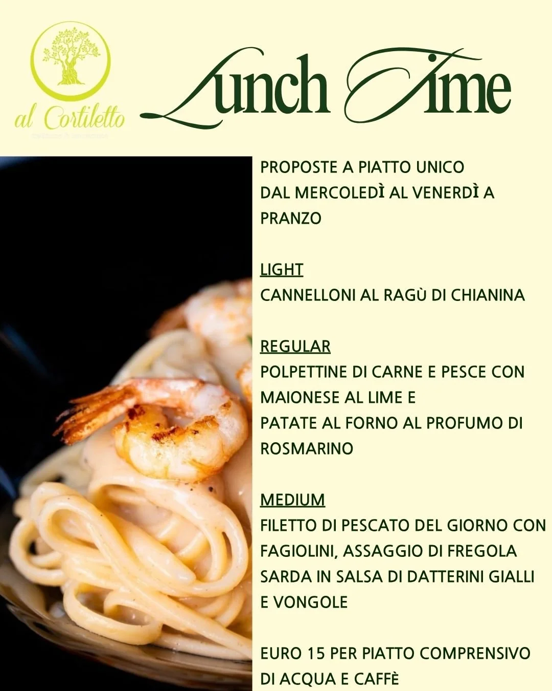 Da mercoled&igrave; a venerd&igrave; proposte a piatto unico, vieni a scoprire il piacere del pranzo al Cortiletto a 15&euro;

📲 Prenotazioni: 338 564 2424
📍 Al Cortiletto &ndash; Tradizione &amp; Innovazione
🌟 #CortilettoDiBustoArsizio #PesceFres