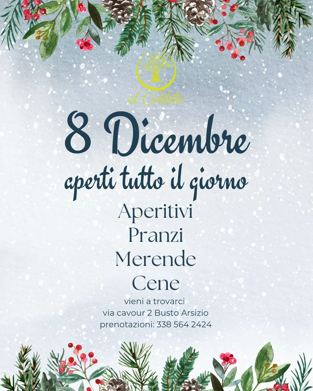 Apertura straordinaria l'8 Dicembre al Cortiletto!
Saremo con voi tutto il giorno per: 
Aperitivi
Pranzi
Merende
Cene

📲 Prenotazioni: 338 564 2424
📍 Al Cortiletto &ndash; Tradizione &amp; Innovazione
🌟 #CortilettoDiBustoArsizio #PesceFresco #Cuci