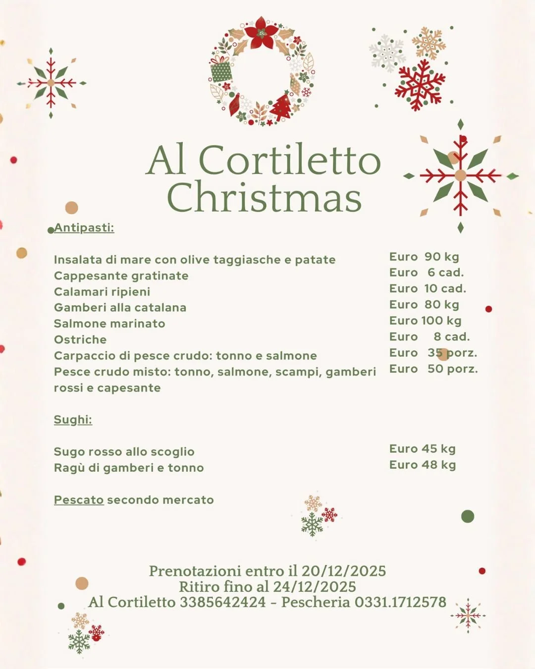 Sono aperte le prenotazioni per l'asporto di Natale firmato Cortiletto! Tante specialit&agrave; dalla nostra gastronomia per celebrare il periodo di festa con gusto! 

Le prenotazioni dovranno essere effettuate entro il 20 dicembre e ritirate entro i