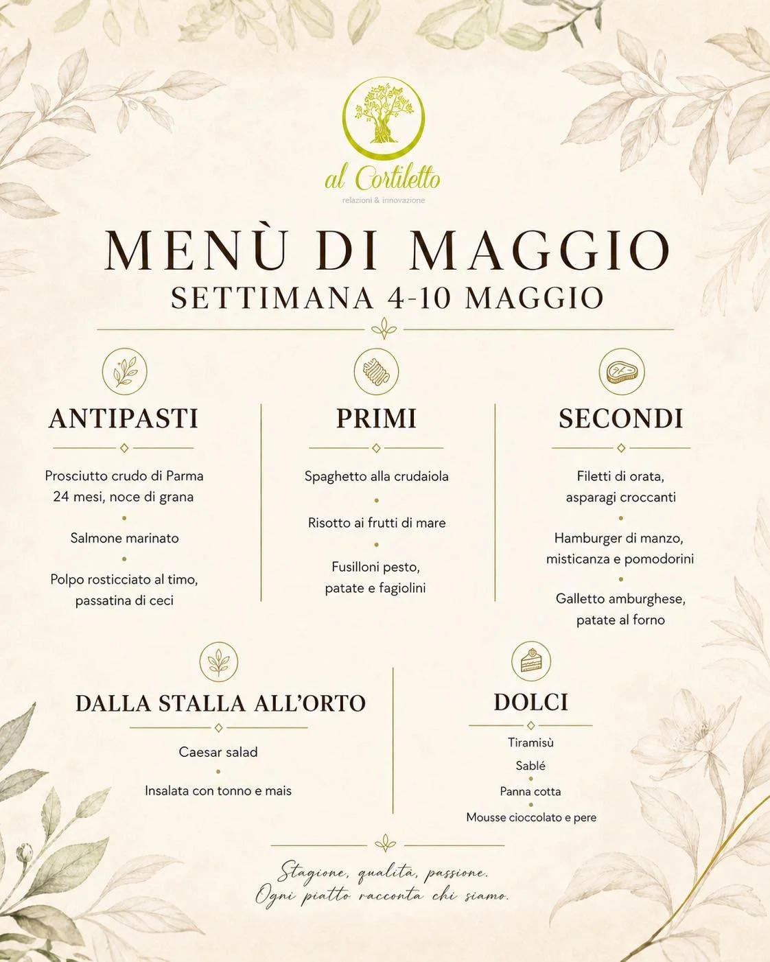 🍽️ Men&ugrave; settimana 4&ndash;10 maggio

Scopri le proposte di questa settimana da Al Cortiletto: piatti freschi, stagionali e pensati per ogni gusto.

Dagli antipasti ai dolci, ogni portata racconta qualit&agrave; e passione.

📲 Prenotazioni: 3