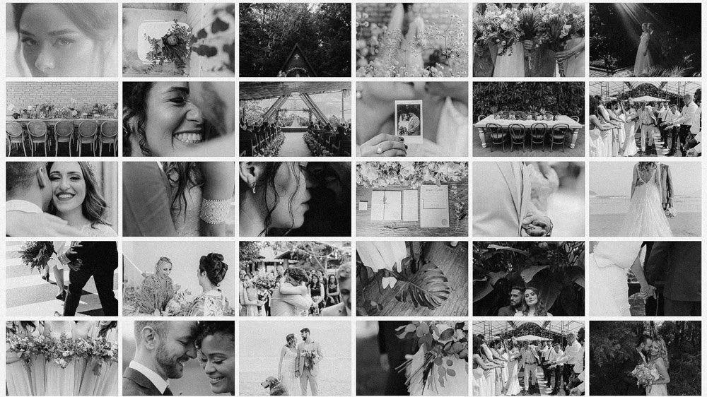 Collage of black and white wedding photos depicting couples, decorations, and ceremonies.