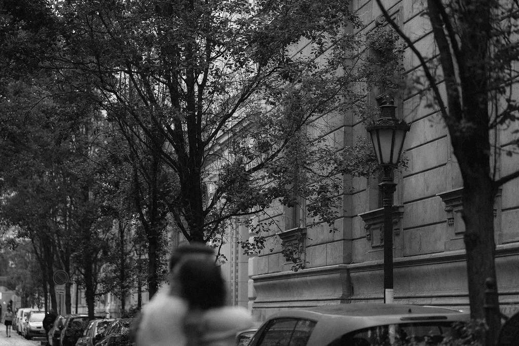 Rua com árvores, carros estacionados, parede de edifício antigo, luminárias de rua, e pessoas caminhando ao fundo. Fotografia em preto e branco.