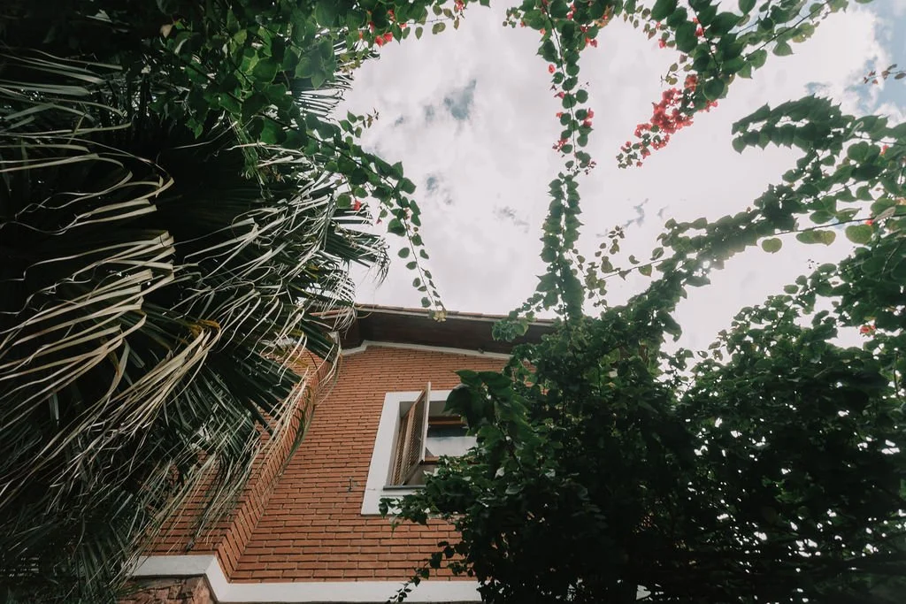 Perspectiva de uma casa de tijolos vermelhos vista de baixo, cercada por plantas verdes e um céu parcialmente nublado.