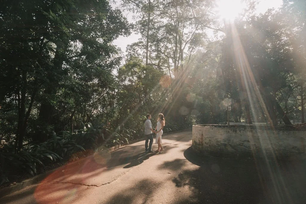 Casal de mãos dadas caminhando por uma rua arborizada com o sol brilhando através das árvores