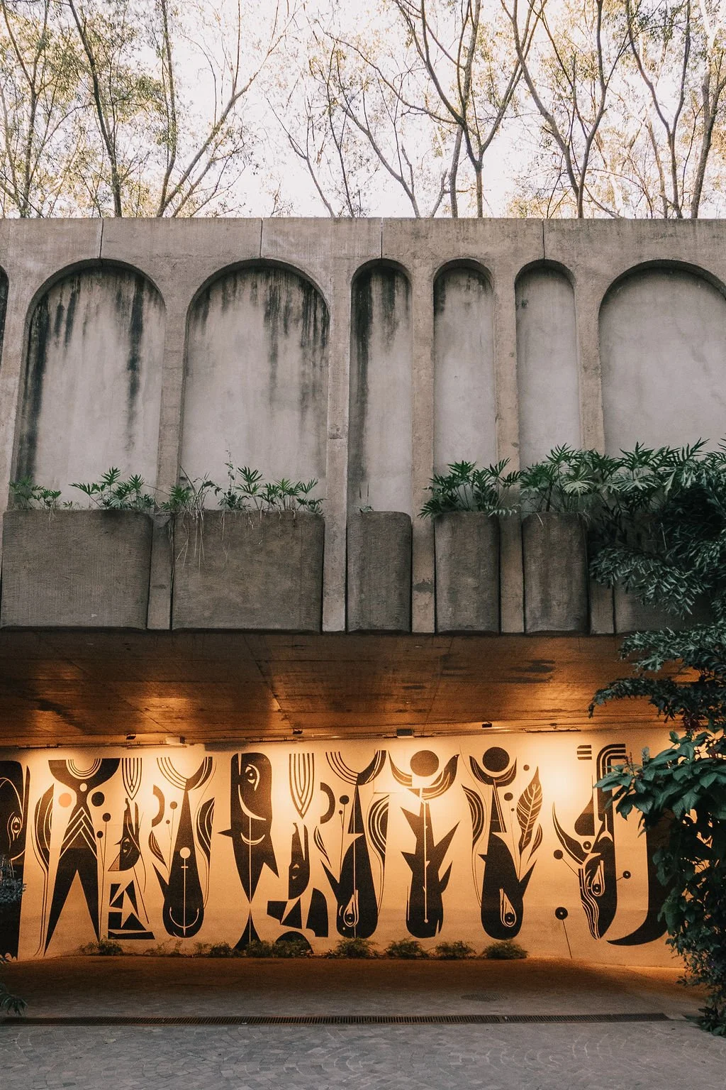 Imagem de uma parede de concreto com arcos, plantas verdes em vasos e arte gráfica estilizada iluminada na parte inferior, com árvores ao fundo.