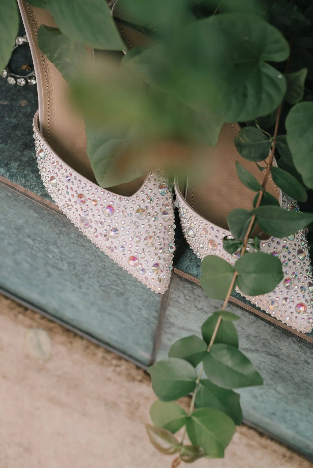 Sapatos femininos rosa com detalhes de strass, parcialmente cobertos por folhas verdes, sobre uma superfície de pedra.