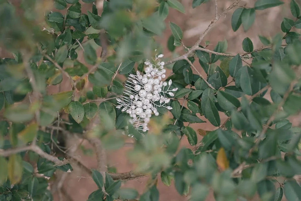 Brinco de pérola e cristal preso em uma planta com folhas verdes.
