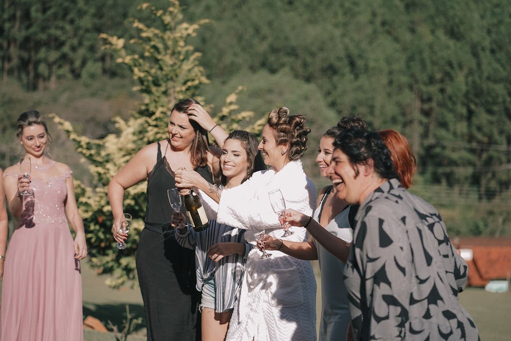 Grupo de mulheres sorrindo e brindando com taças de vinho ao ar livre, em um cenário de natureza.