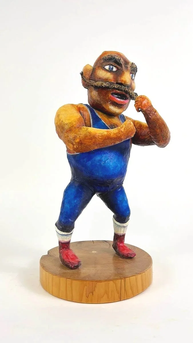 2019, Pugilist, 15" x 6" x 6", Paper, Wire, Tape, Paste, Varnish, Acrylic, on Wood Base.