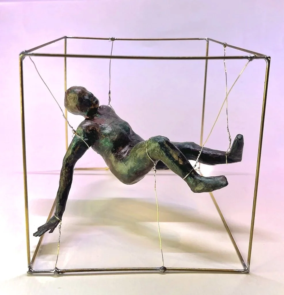 2025, Floating, Brass, Wire, Paper, Tape, Paste, Varnish, Acrylic, 6" x 6" x 6", Tiny Art Show, Spectra Art Space.