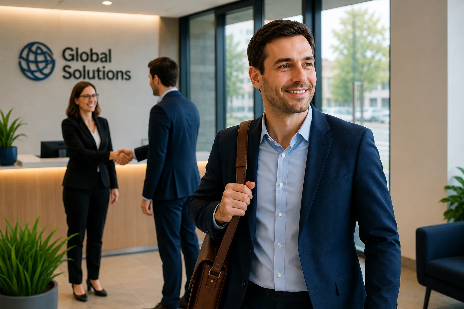 Professionista soddisfatto dopo un colloquio di lavoro in inglese in un moderno ambiente aziendale
