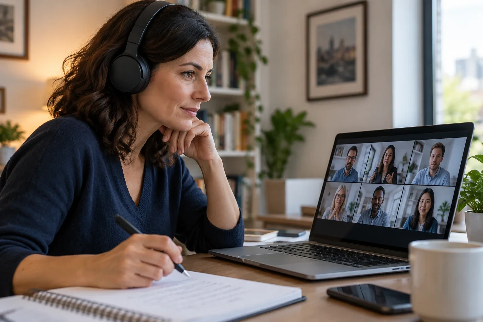 Professionista durante una riunione online in inglese con colleghi internazionali