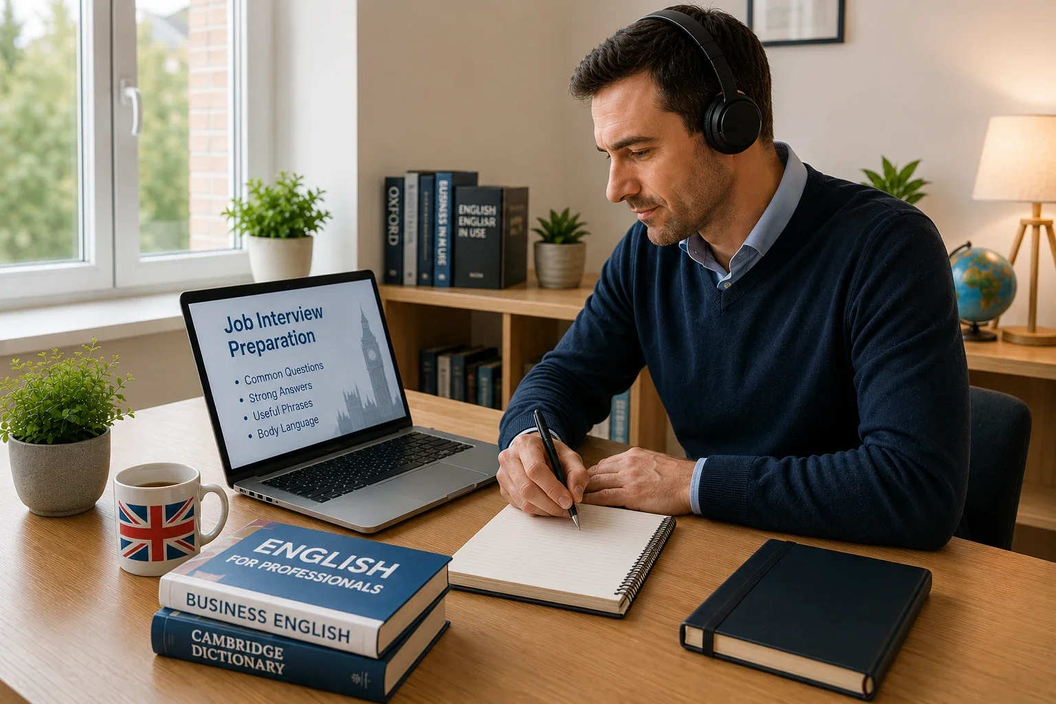 Professionista che prepara un colloquio di lavoro in inglese studiando da casa con computer portatile e appunti
