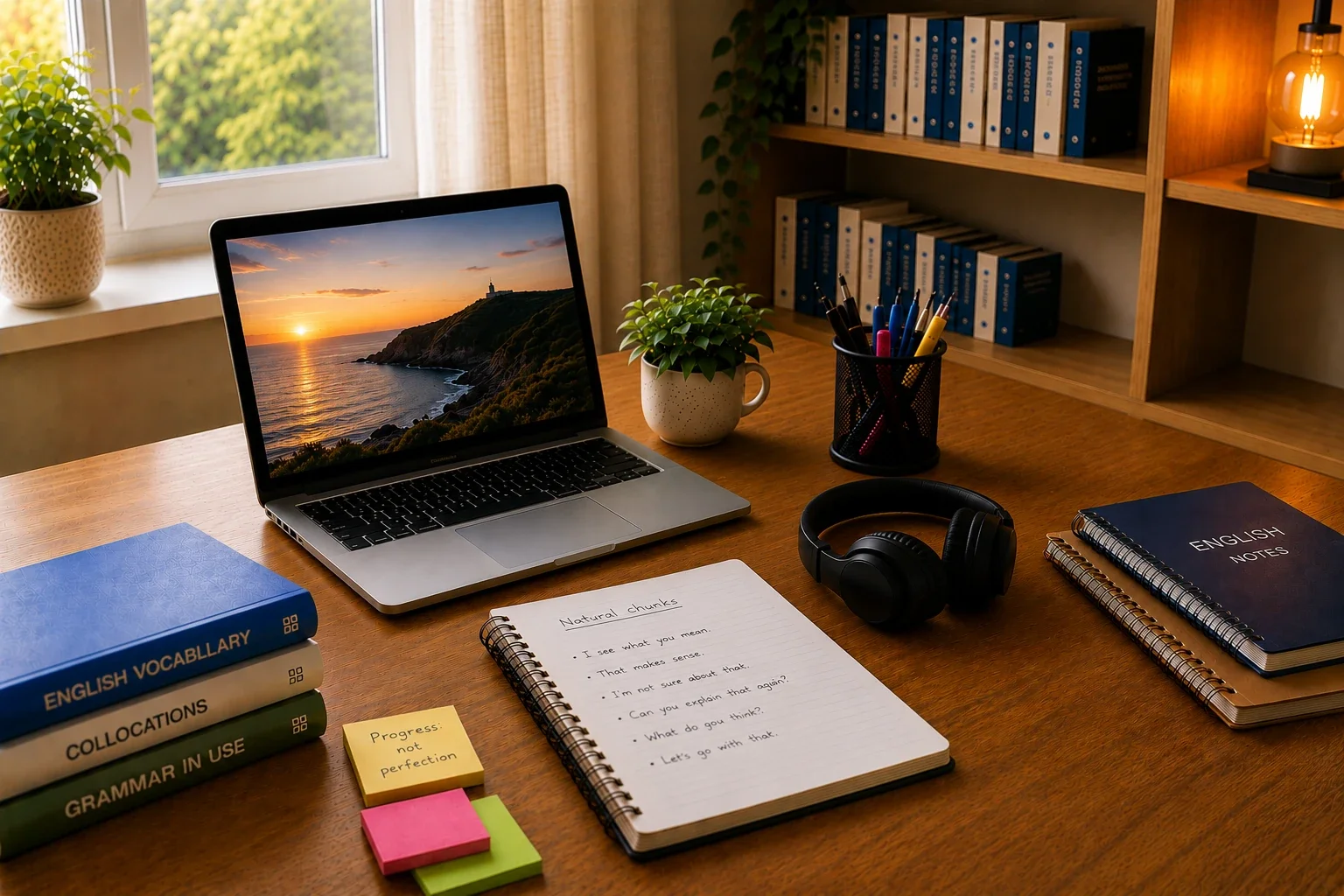Notebook con espressioni inglesi, laptop e cuffie per imparare vocaboli inglesi e natural chunks